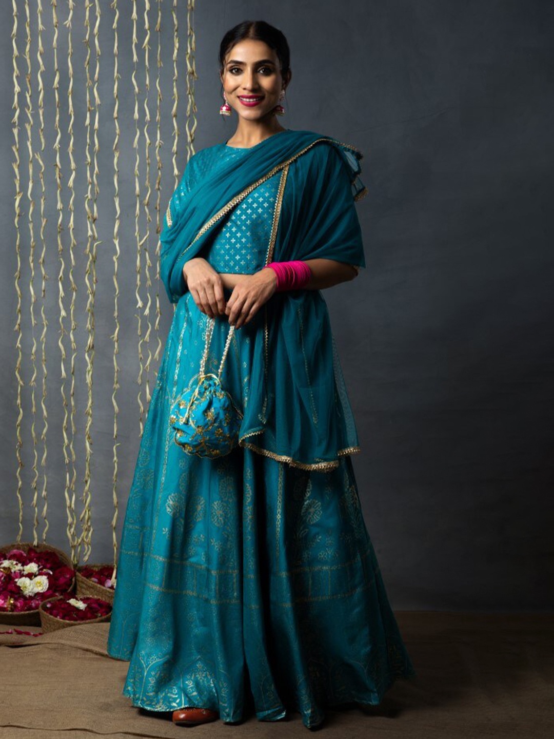 

Juniper Printed Ready To Wear Lehenga & Blouse With Dupatta, Teal
