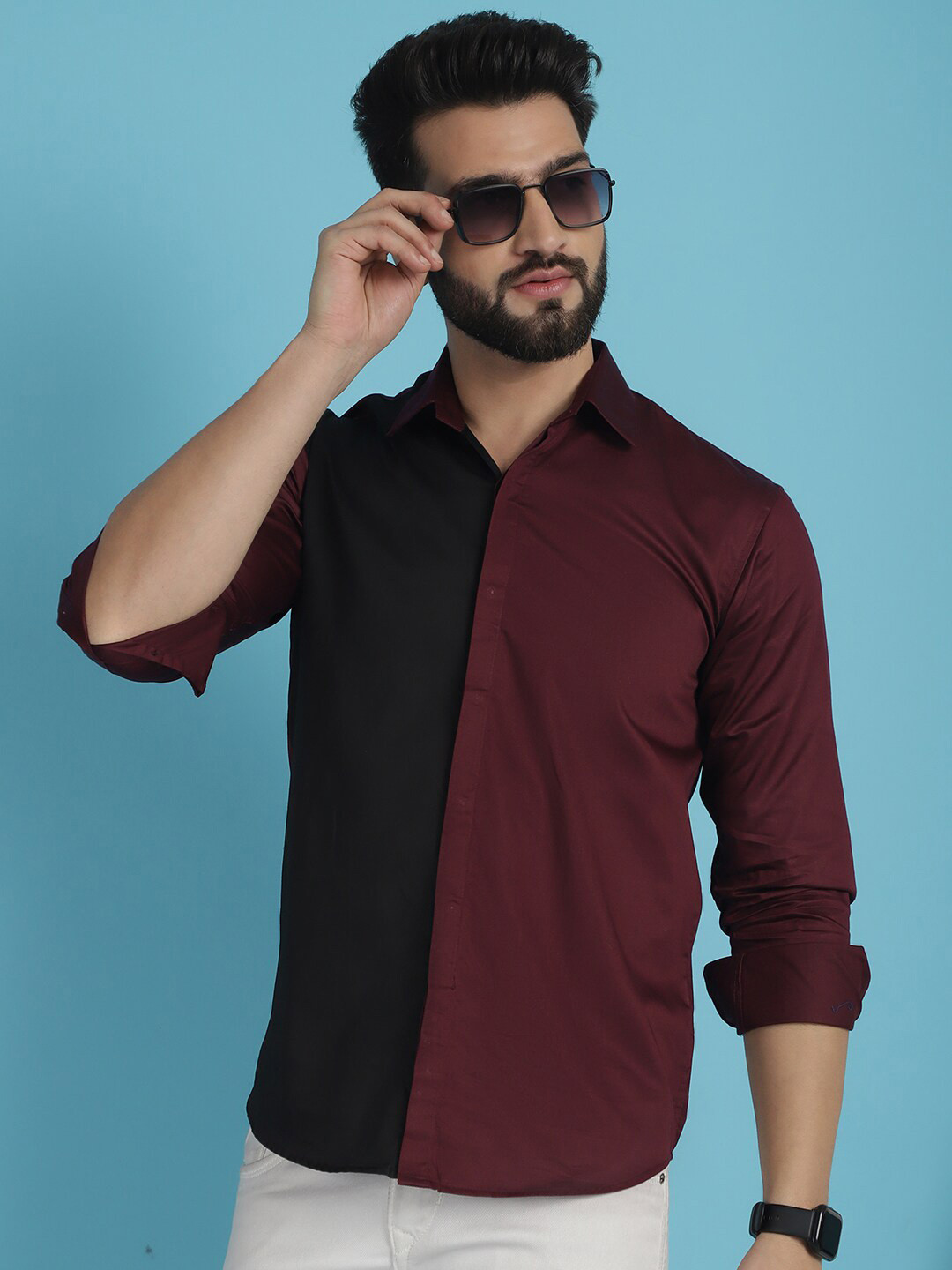 

Indian Needle Colourblocked Spread Collar Classic Casual Shirt, Maroon