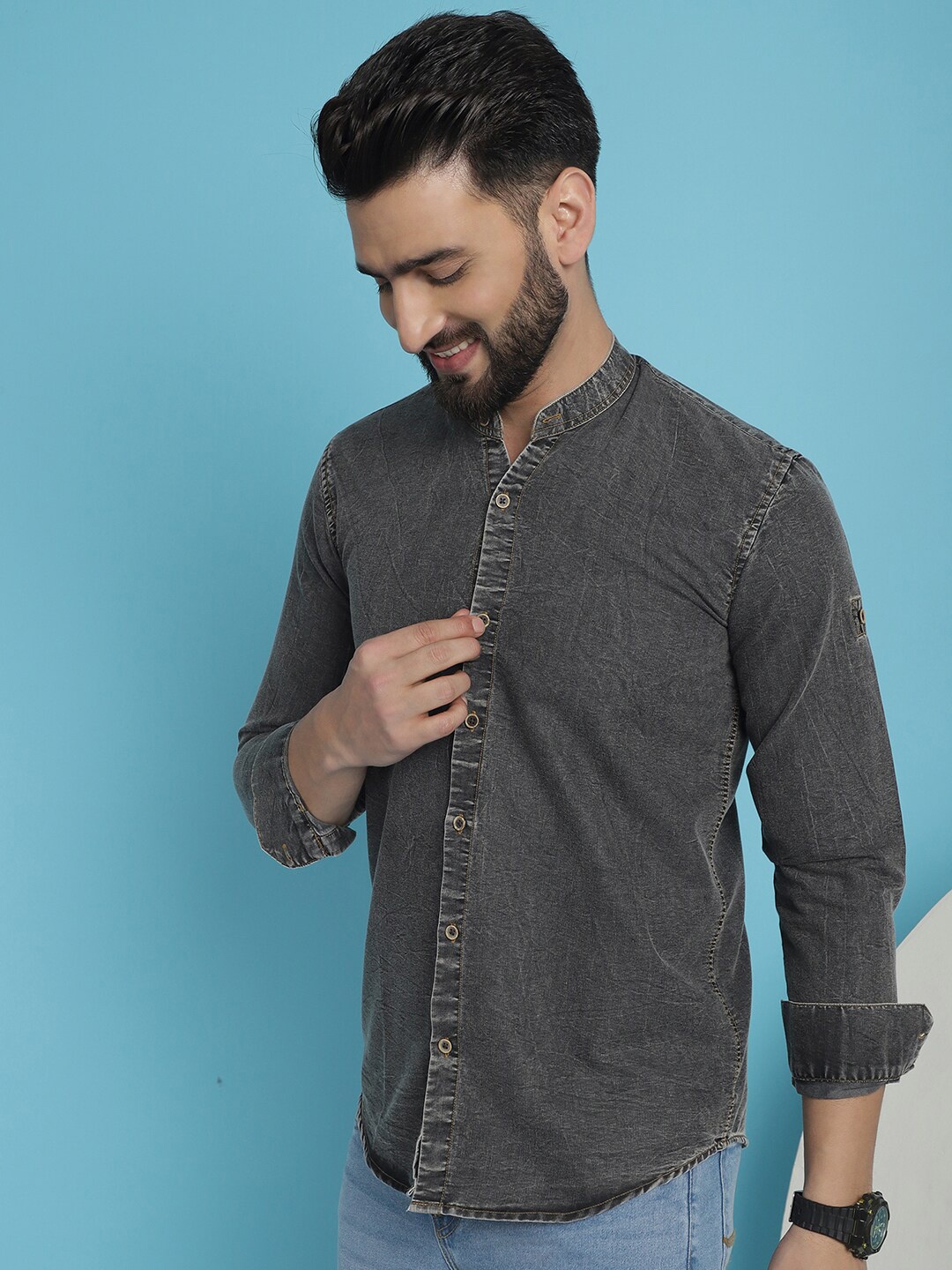 

Indian Needle Band Collar Classic Denim Casual Shirt, Charcoal
