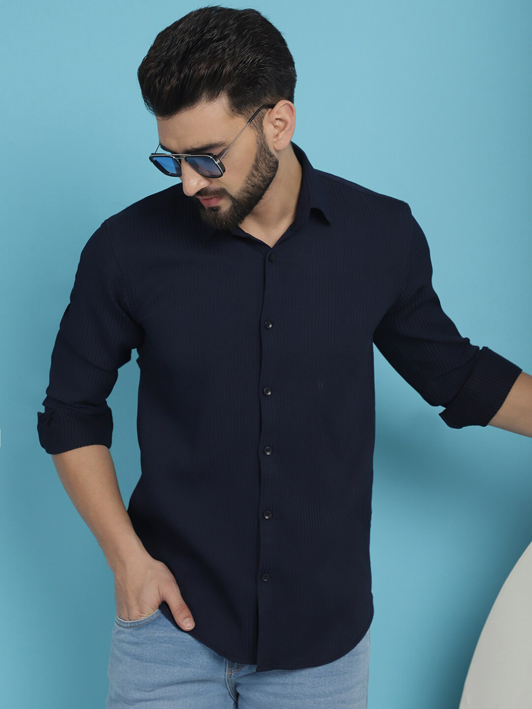 

Indian Needle Classic Fit Striped Textured Spread Collar Wrinkle Free Casual Shirt, Navy blue