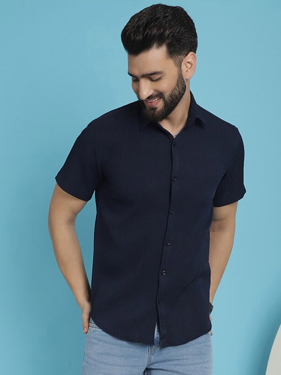 

Indian Needle Classic Fit Striped Textured Spread Collar Wrinkle Free Casual Shirt, Navy blue