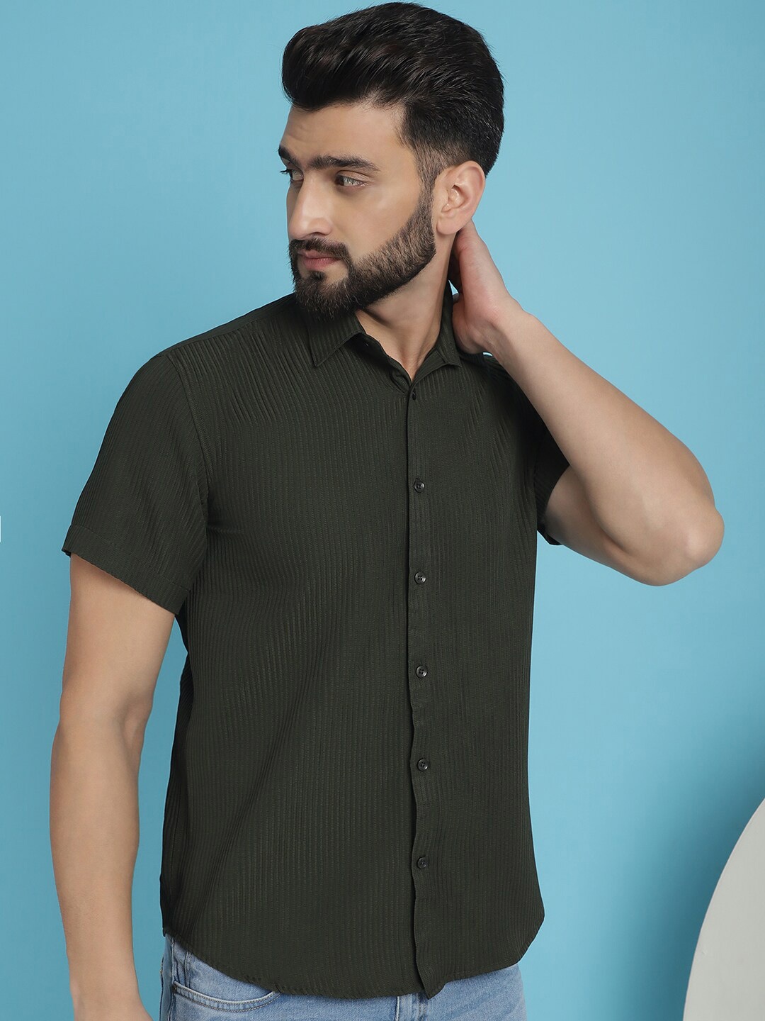 

Indian Needle Classic Fit Striped Textured Spread Collar Wrinkle Free Casual Shirt, Olive