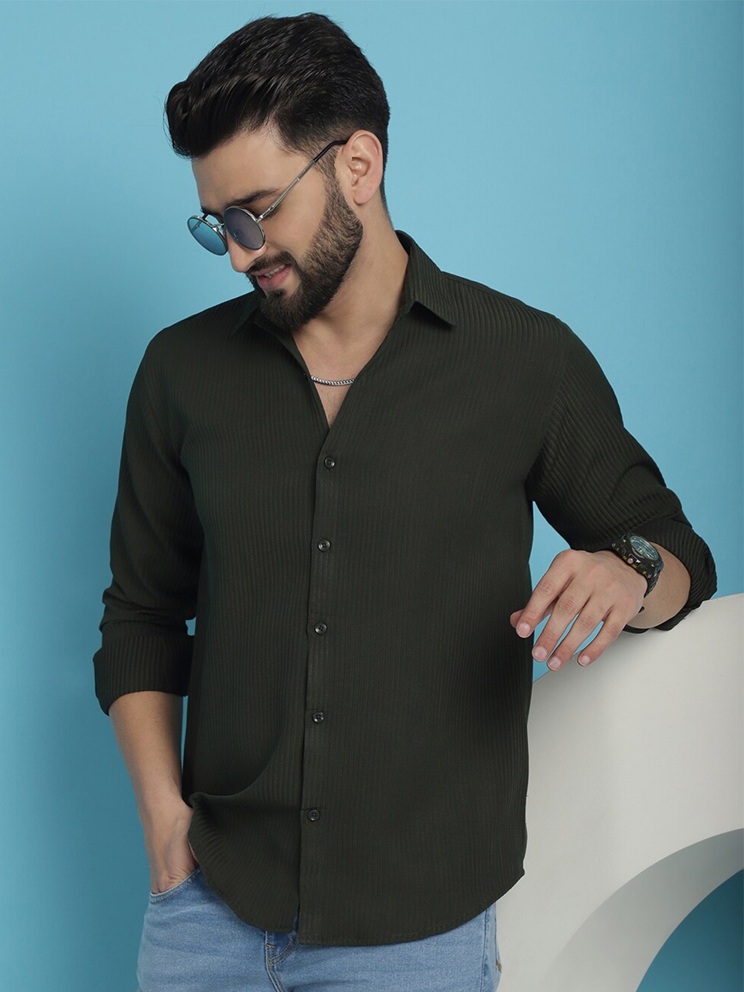 

Indian Needle Classic Fit Striped Textured Spread Collar Wrinkle Free Casual Shirt, Olive