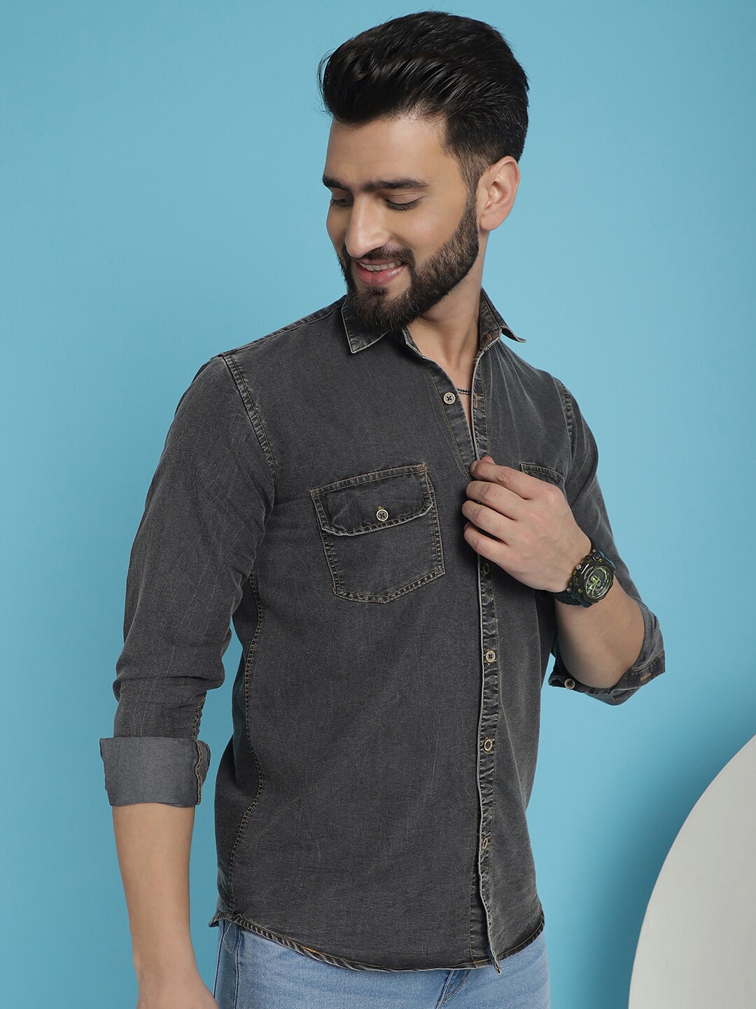 

Indian Needle Classic Fit Spread Collar Faded Denim Casual Shirt, Grey