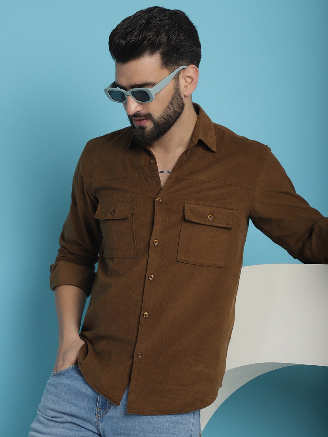 Indian Needle Men Classic Opaque Regular Fit Cotton Casual Shirt, Brown