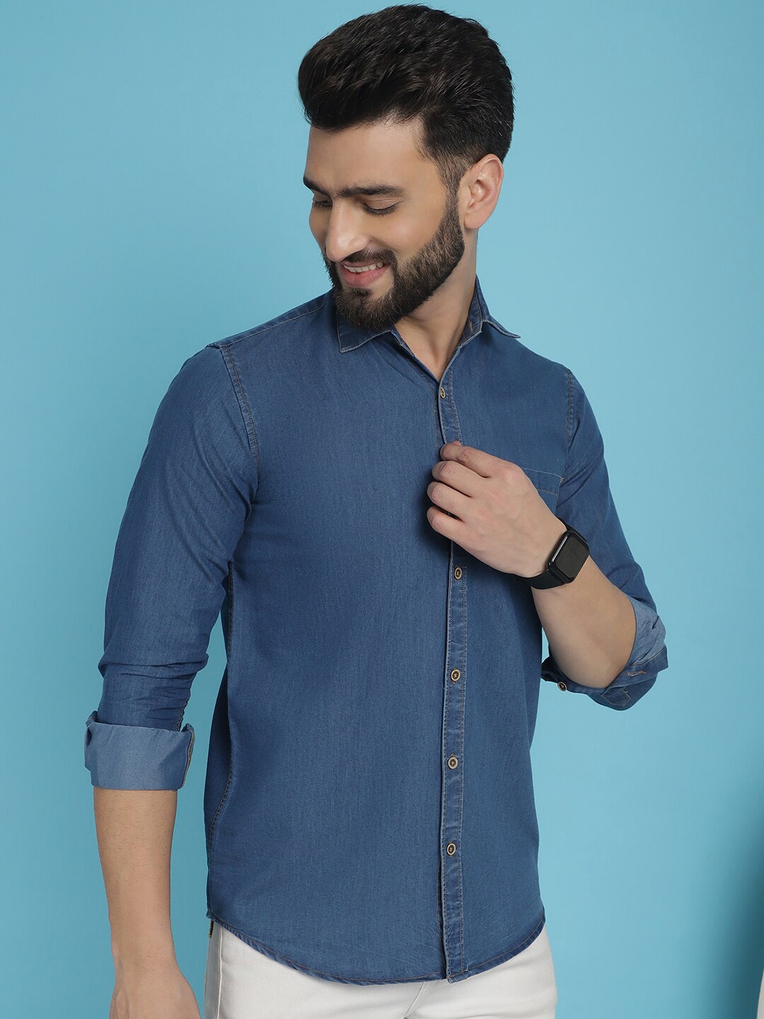 

Indian Needle Men Classic Opaque Regular Fit Cotton Casual Shirt, Blue