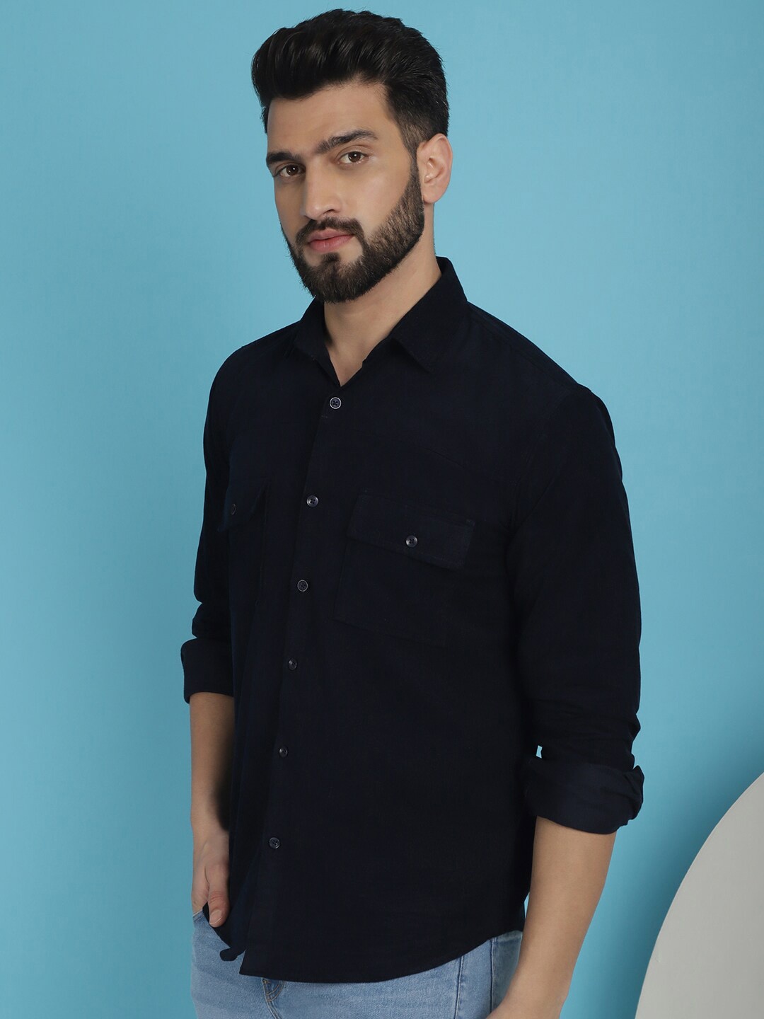 

Indian Needle Men Classic Opaque Regular Fit Cotton Casual Shirt, Navy blue