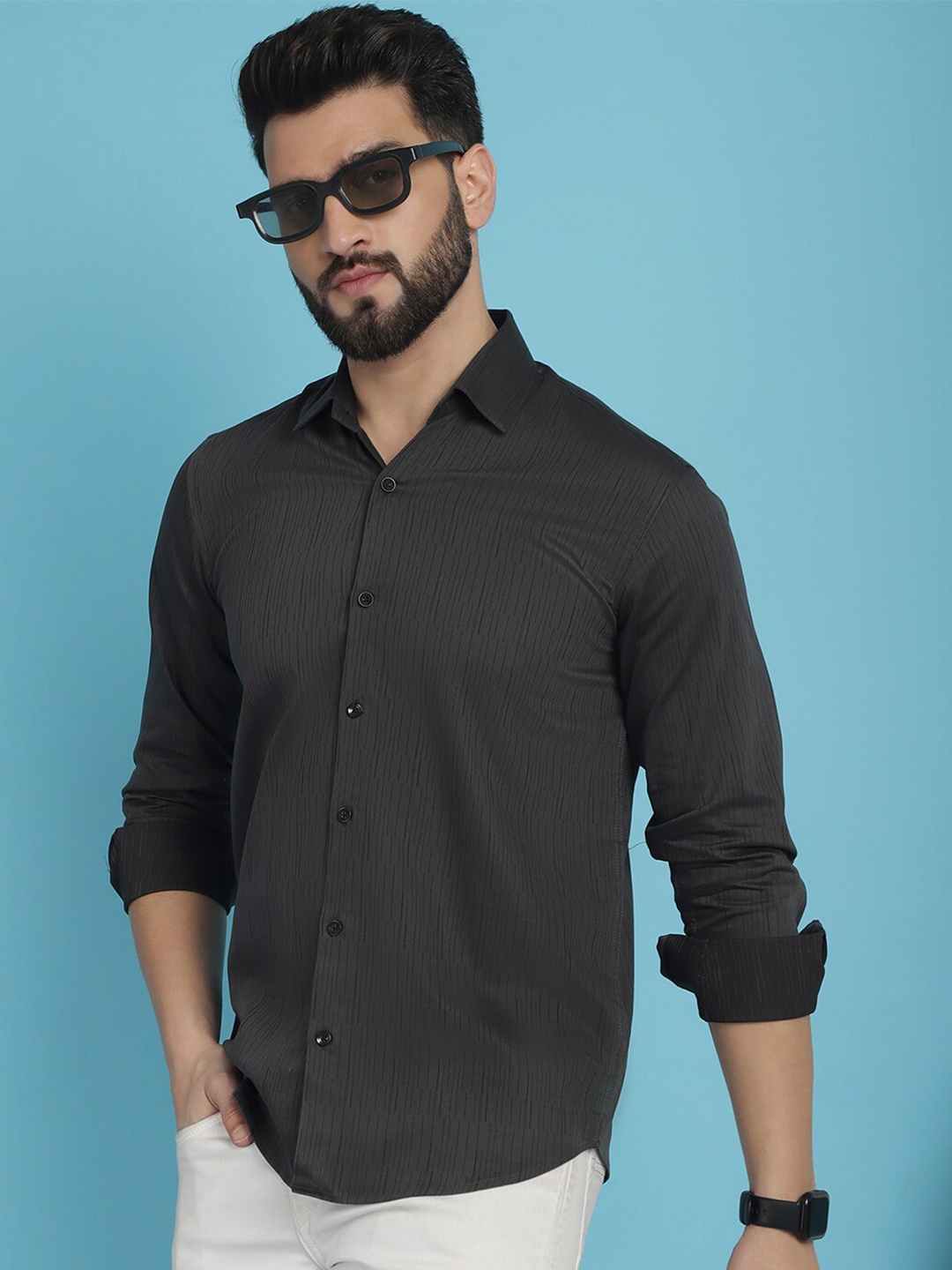 Indian Needle Men Classic Opaque Printed Regular Fit Cotton Casual Shirt, Charcoal