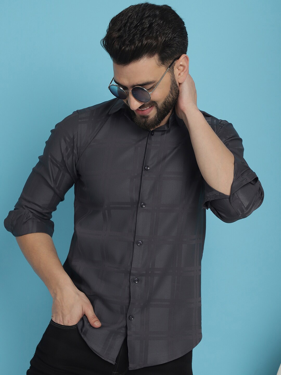 

Indian Needle Classic Checked Spread Collar Cotton Casual Shirt, Charcoal