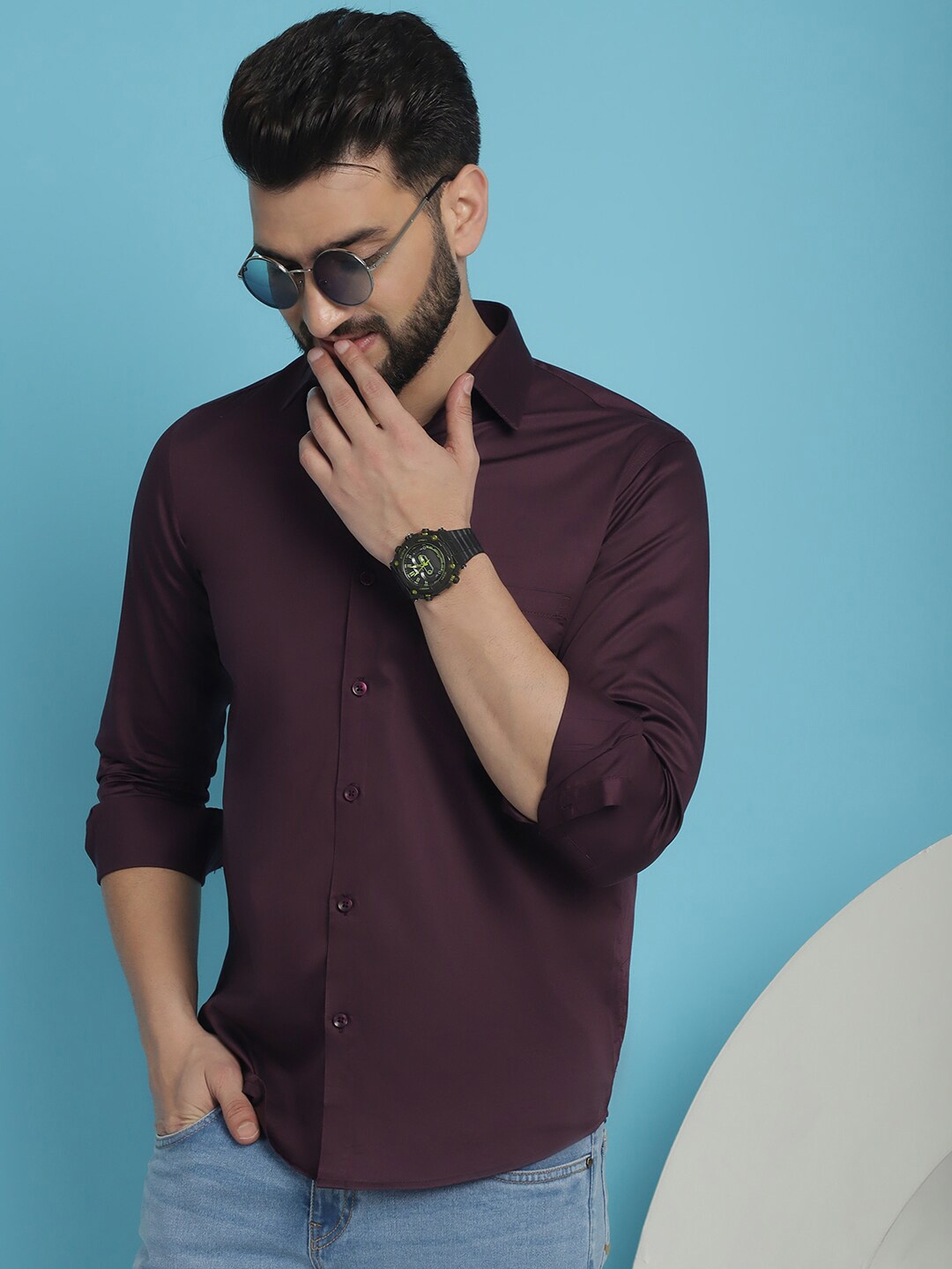Indian Needle Classic Spread Collar Casual Shirt, Purple