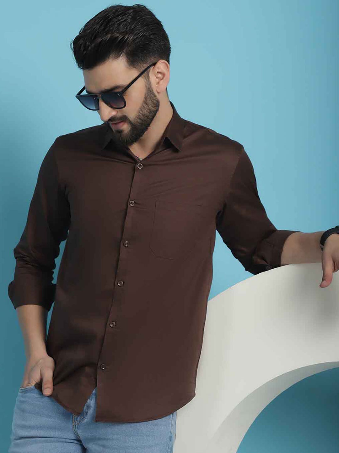 

Indian Needle Classic Spread Collar Cotton & Satin Casual Shirt, Coffee brown