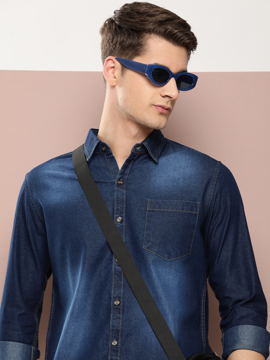 

Harvard Men Classic Slim Fit Faded Pure Cotton Denim Casual Shirt, Navy blue