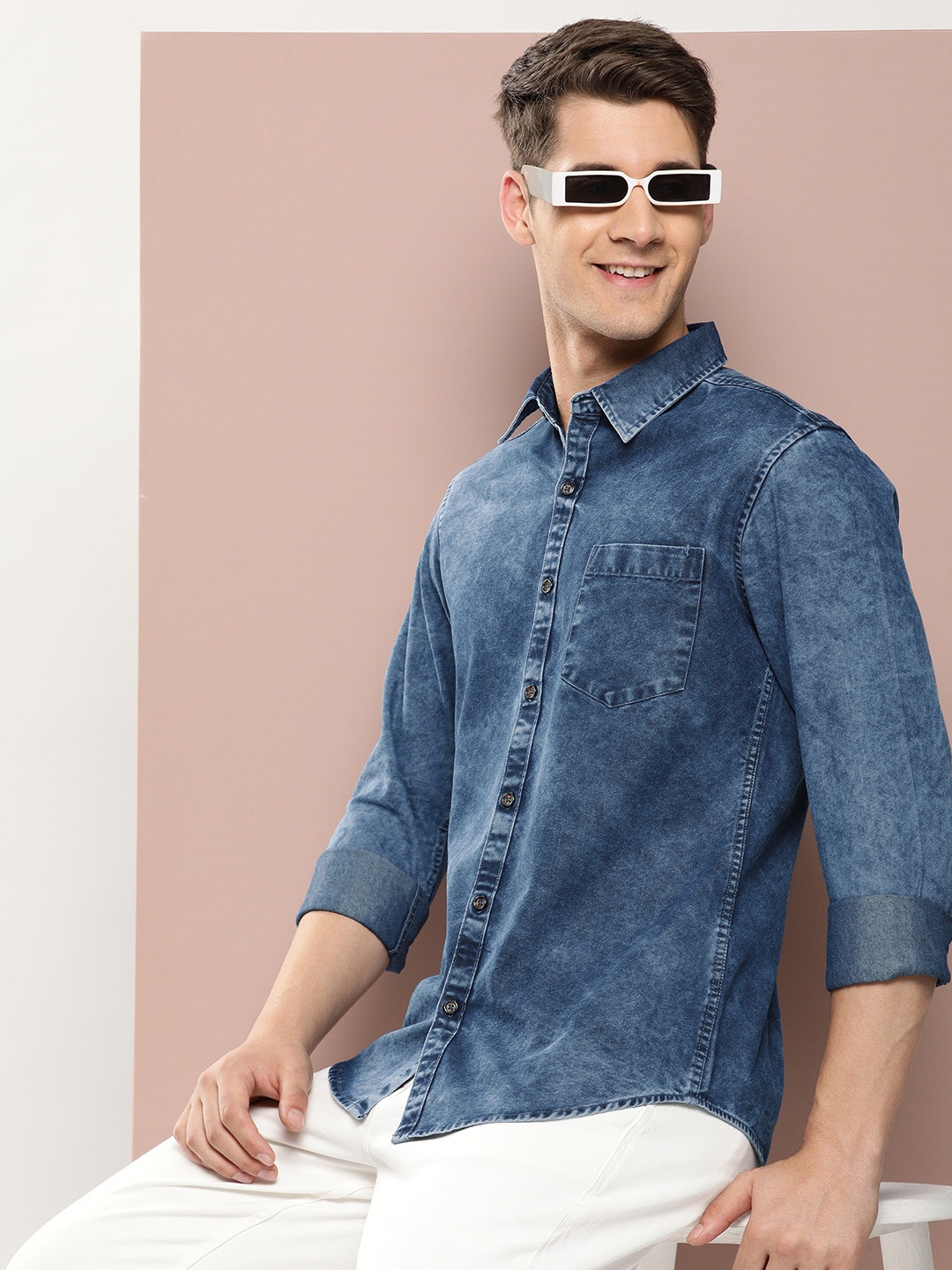 

Harvard Men Classic Slim Fit Faded Pure Cotton Denim Casual Shirt, Navy blue