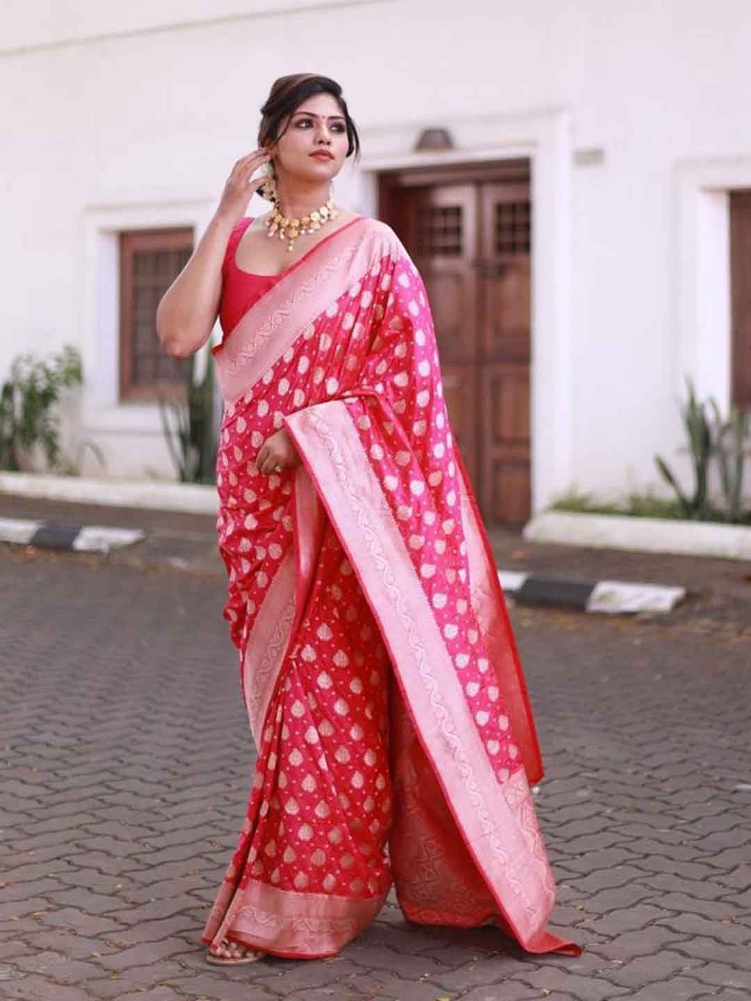 

DIVASTRI Ethnic Motifs Woven Design Zari Pure Silk Designer Kanjeevaram Saree, Pink