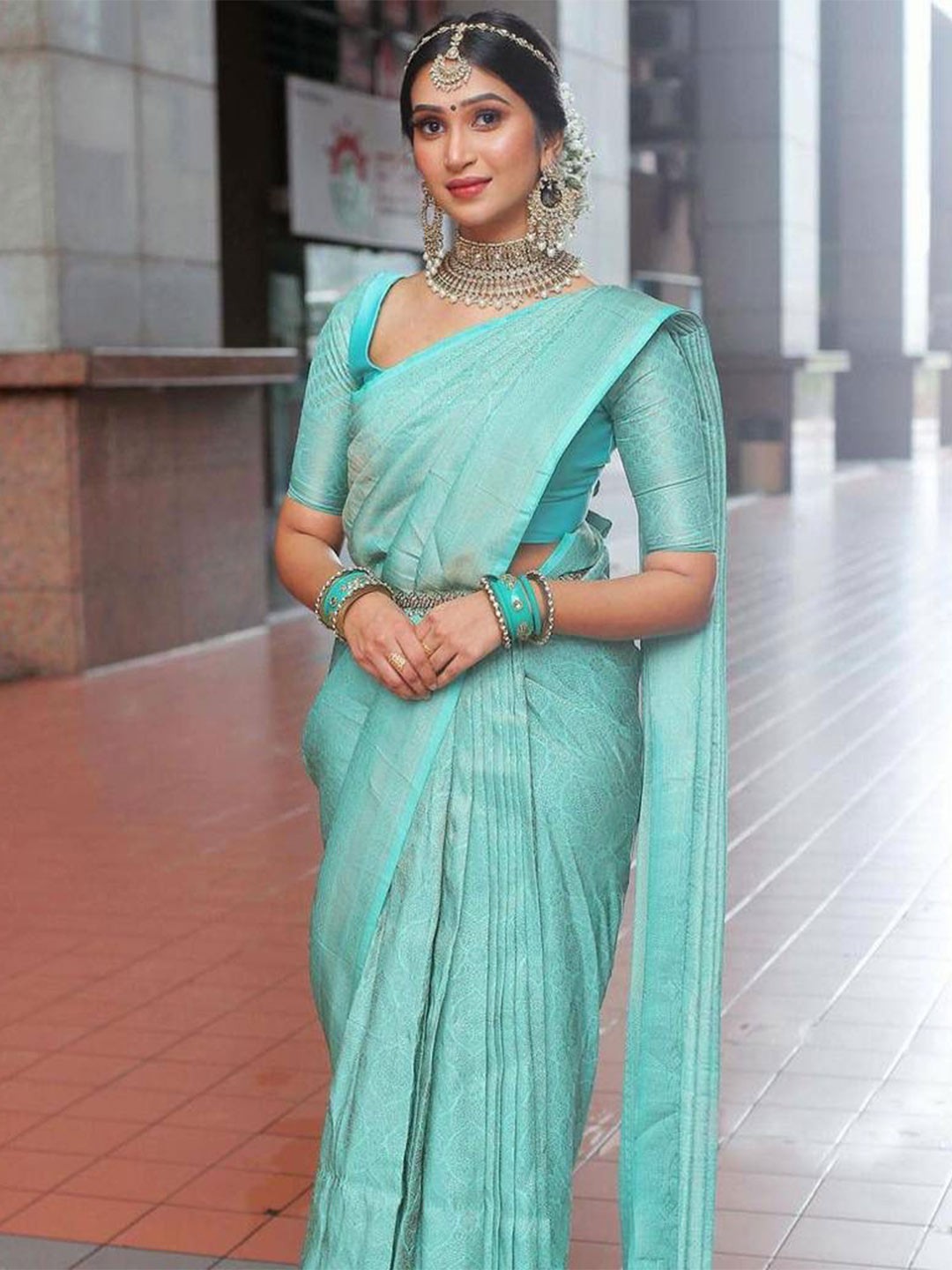 

DIVASTRI Ethnic Motifs Zari Pure Silk Kanjeevaram Saree, Sea green