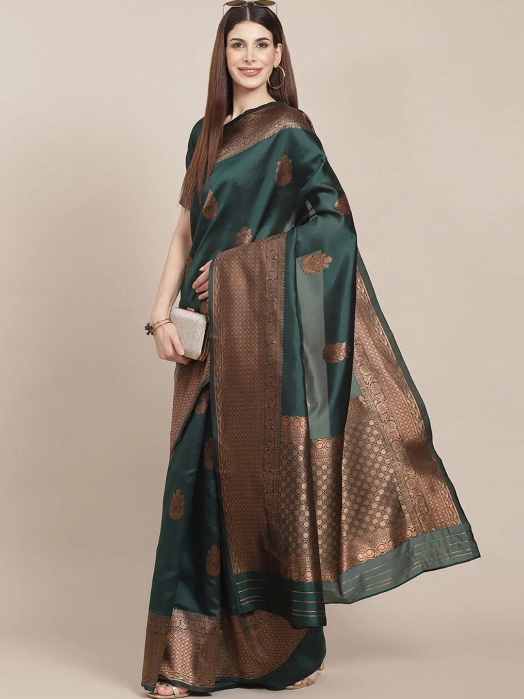 

DIVASTRI Ethnic Motifs Woven Design Zari Pure Silk Kanjeevaram Saree, Green