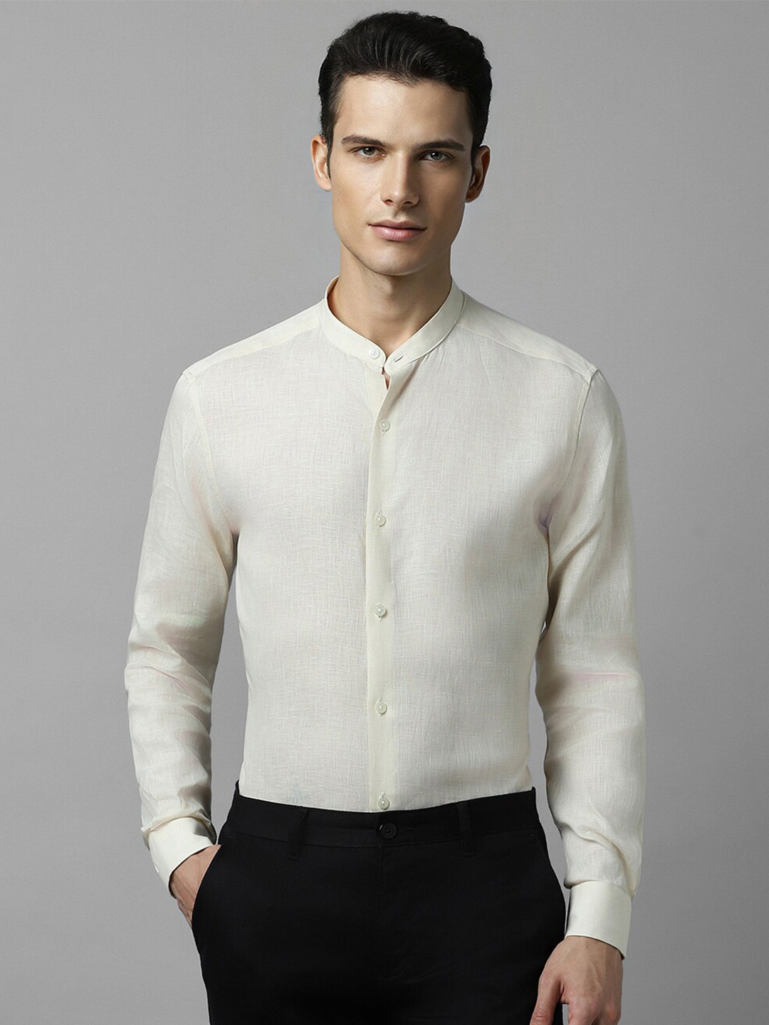 

Louis Philippe Classic Band Collar Long Sleeves Linen Formal Shirt, Cream