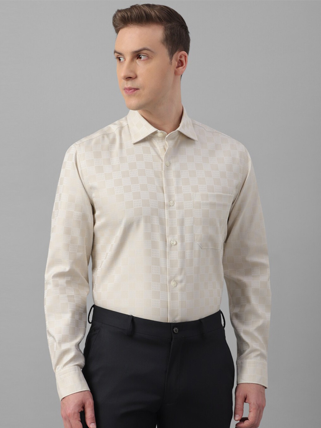 

Louis Philippe Classic Fit Micro Checked Pure Cotton Formal Shirt, Beige