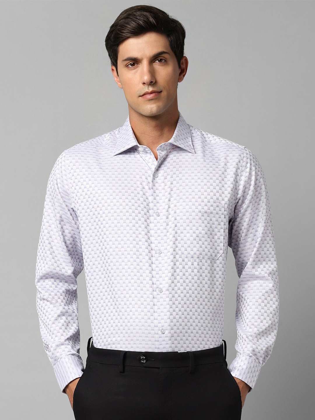 

Louis Philippe Printed Spread Collar Long Sleeves Cotton Formal Shirt, White
