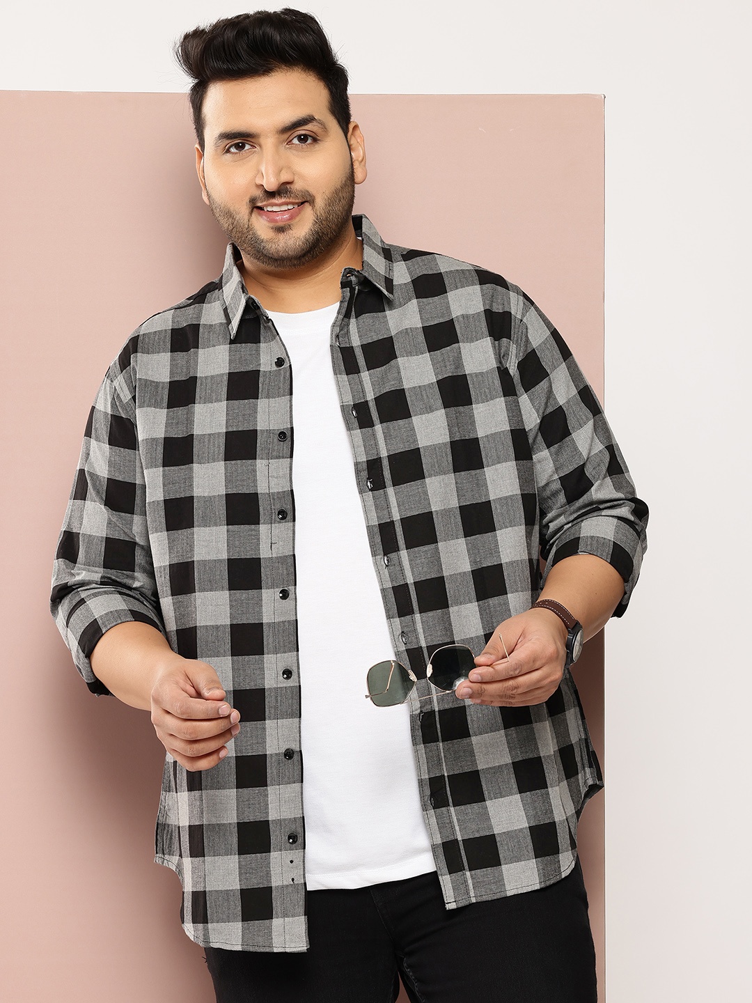 

Sztori Men Plus Size Original Buffalo Checked Pure Cotton Casual Shirt, Grey
