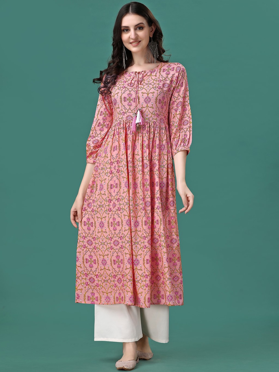 

KALINI Floral Printed Tie-Up Neck A-Line Kurta, Peach