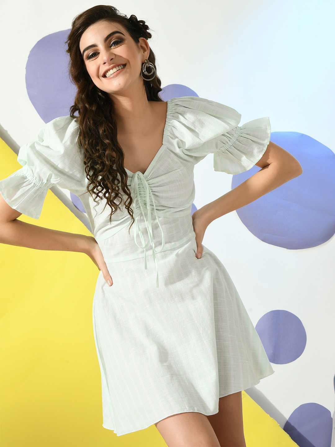 PRETTY LOVING THING Tie-Up Neck Flared Sleeve Cotton Dress, Green
