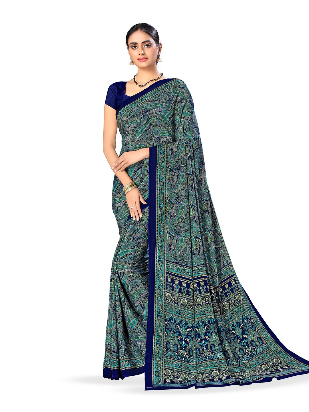 

VIMLA Paisley Printed Pure Crepe Mysore Silk Saree, Blue