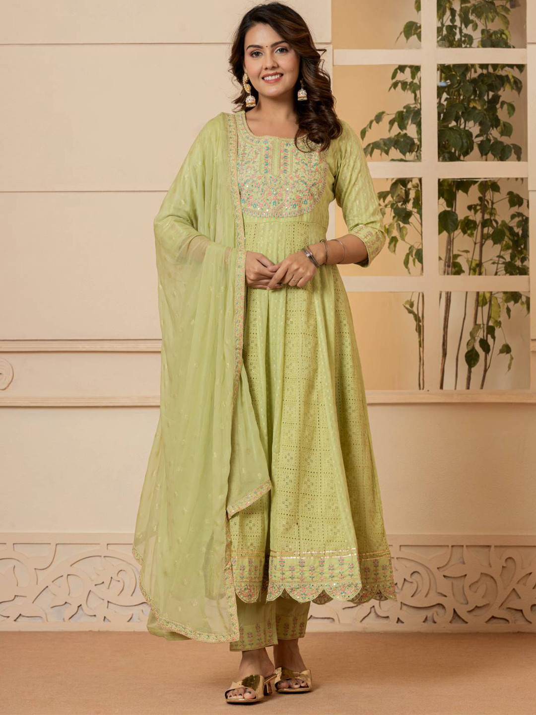 

Varanga Mirror Embroidered Pure Cotton Schiffli Anarkali Kurta With Trousers And Dupatta, Lime green