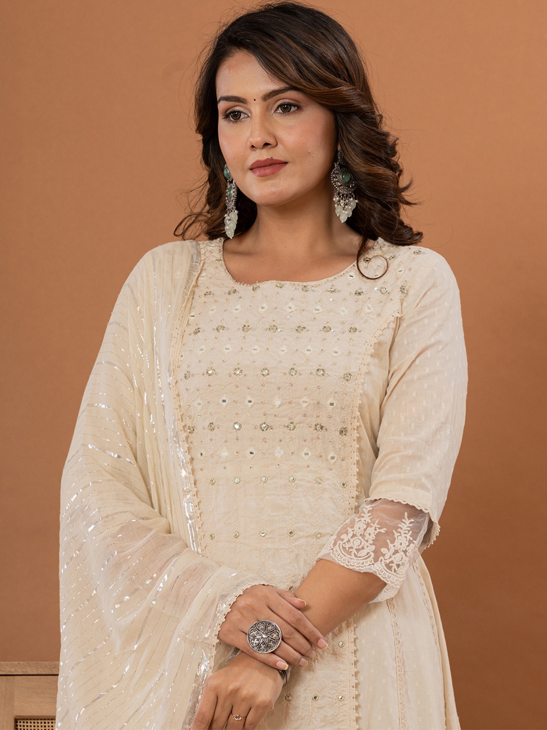 

Varanga Floral Thread & Mirror Embroidered Panelled Anarkali Kurta With Trousers & Dupatta, Off white