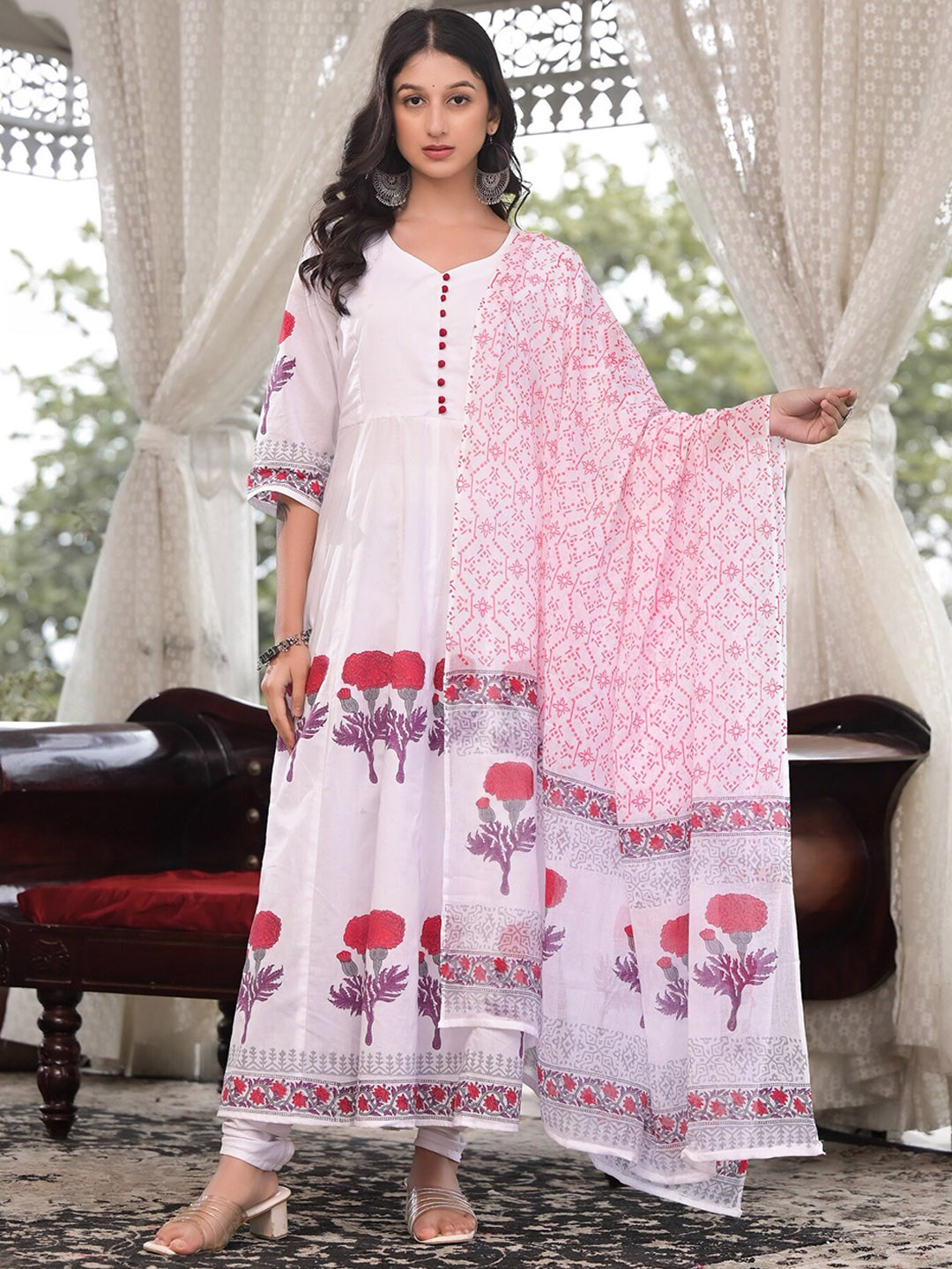 

The Kapas Floral Printed Pure Cotton Flared Anarkali Kurti With Churidar & Dupatta, White