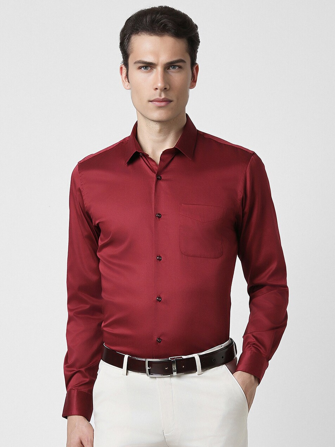 Peter England Spread Collar Slim Fit Cotton Opaque Formal Shirt, Red