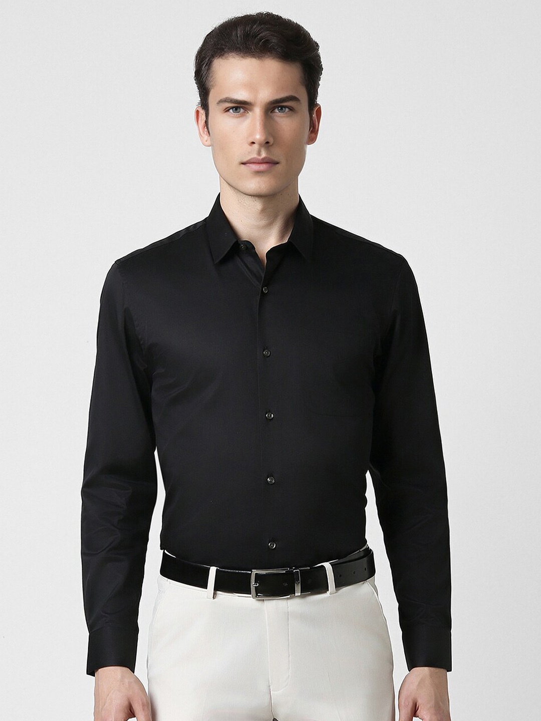 Peter England Slim Fit Spread Collar Cotton Formal Shirt, Black