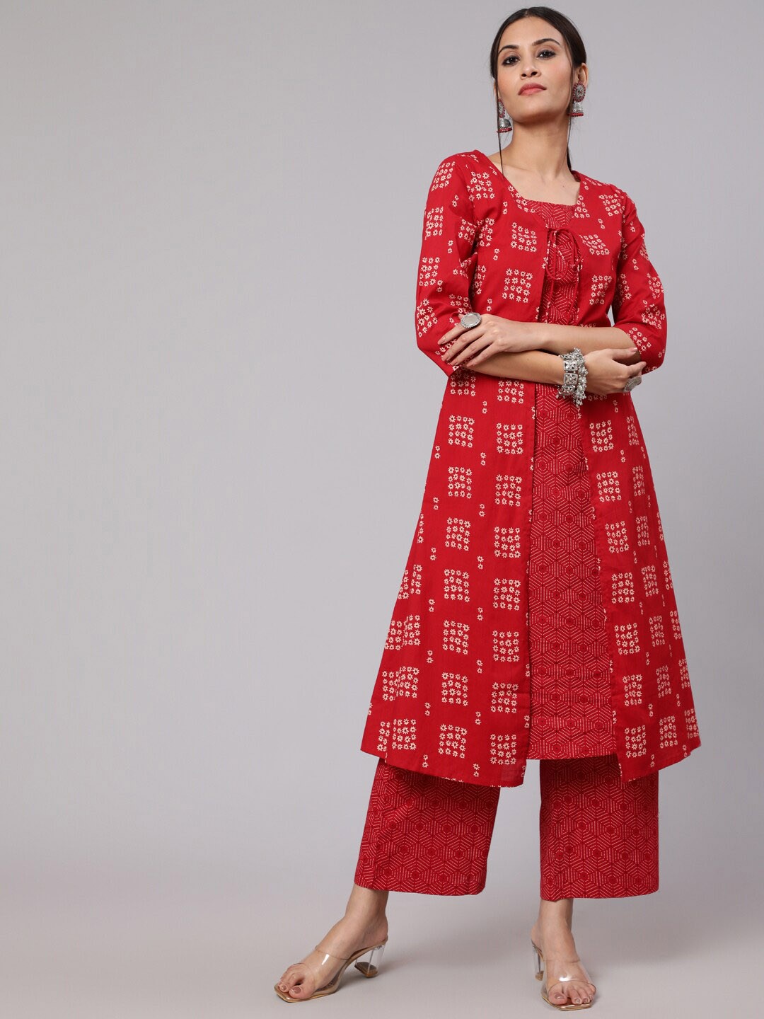 

AKS Floral Printed Round Neck Tie Ups A-Line Pure Cotton Kurta with Palazzos, Red