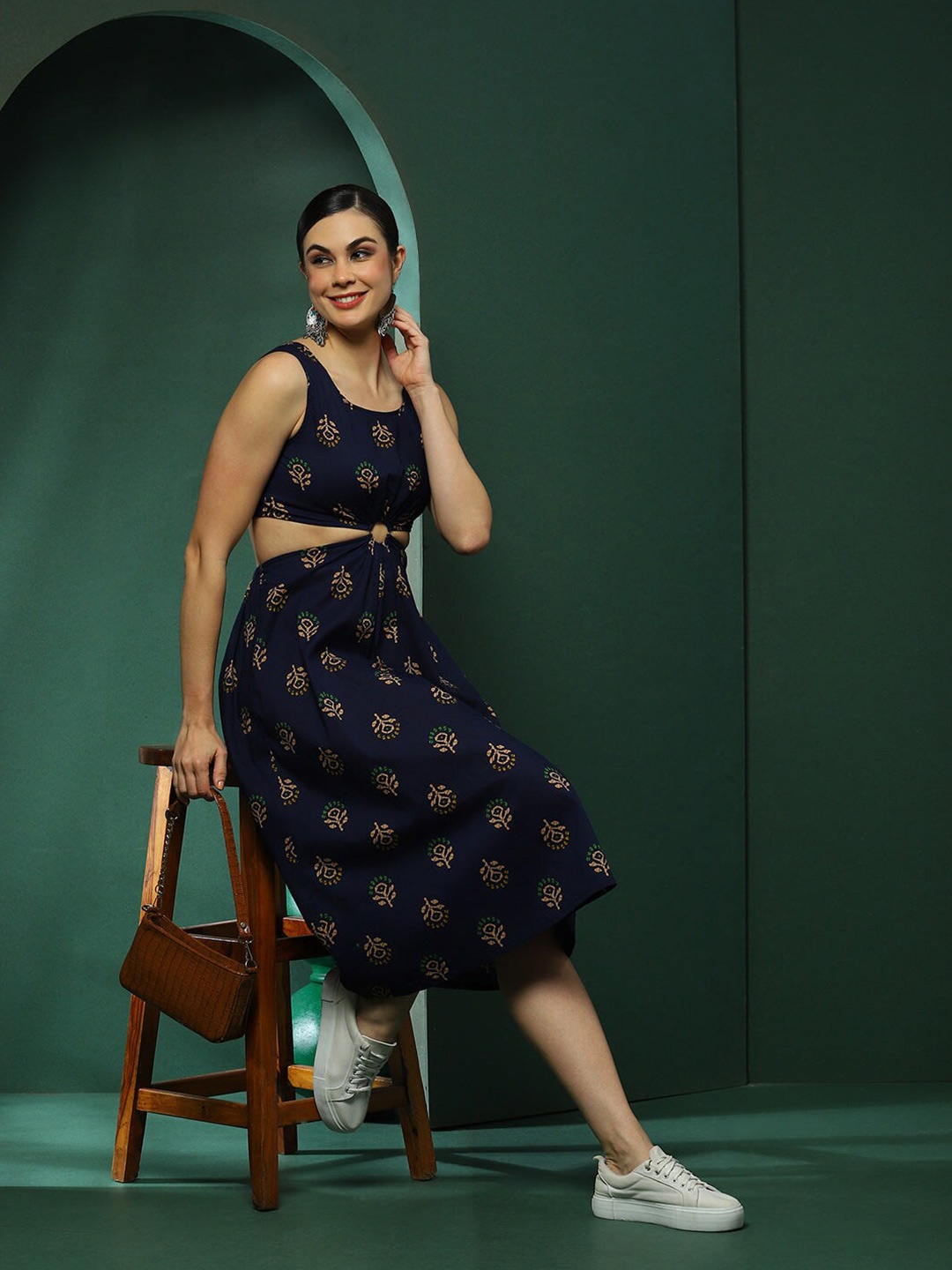 

AKS Floral Print A-Line Cotton Cut-Out Midi Dress, Navy blue