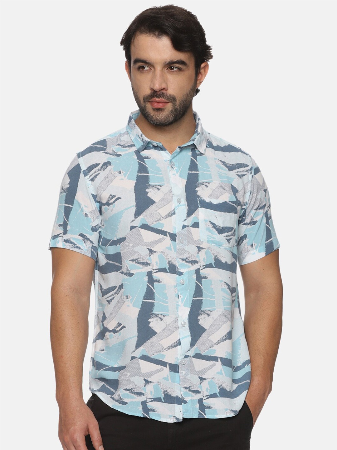 

Tusok Abstract Printed Smart Spread Collar Curved Casual Shirt, Blue