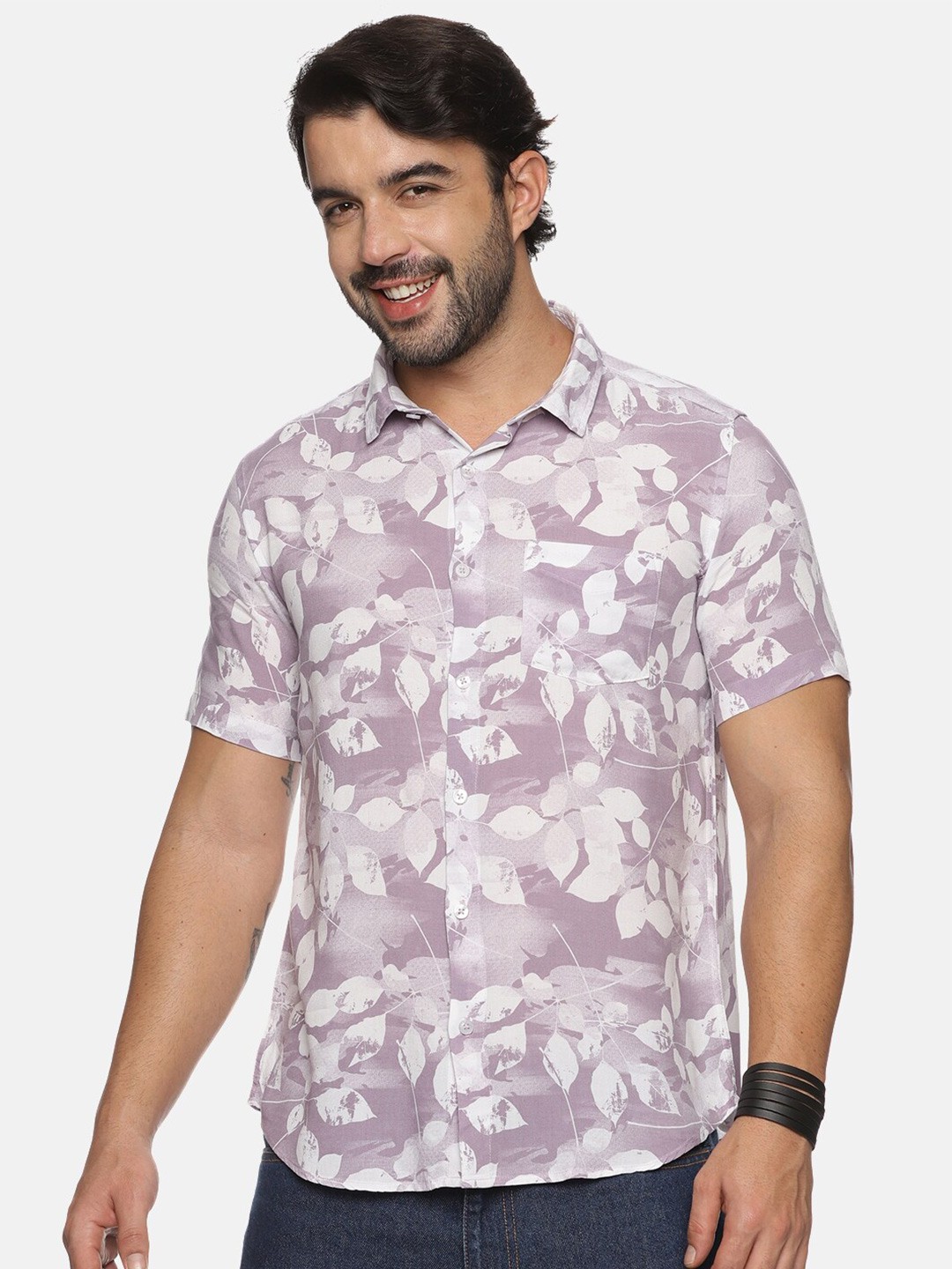 

Tusok Floral Printed Smart Spread Collar Curved Casual Shirt, Purple
