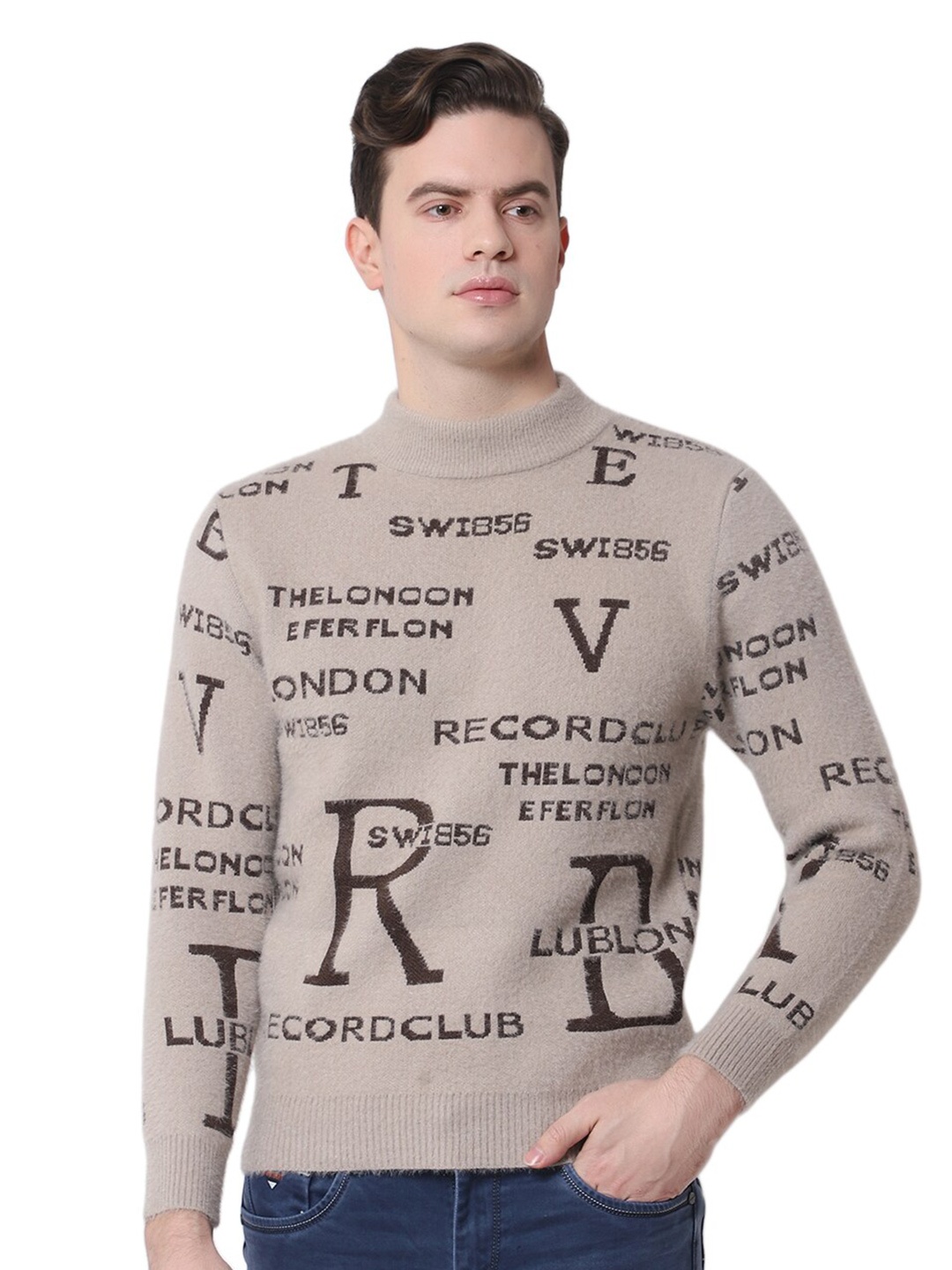 

Zacharias Typography Printed Wool Pullover Sweater, Beige