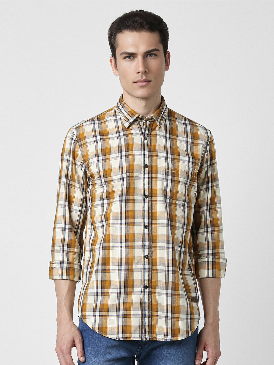 

Peter England Casuals Slim Fit Checked Cotton Casual Shirt, Mustard