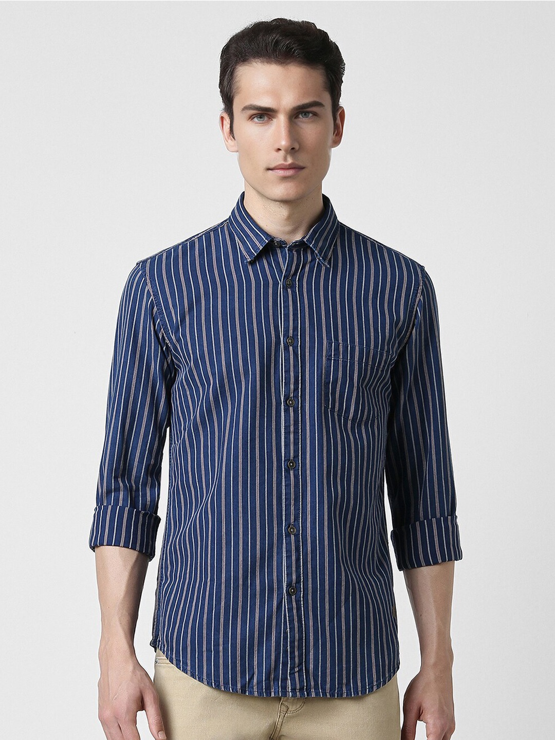 

Peter England Casuals Slim Fit Striped Cotton Casual Shirt, Blue