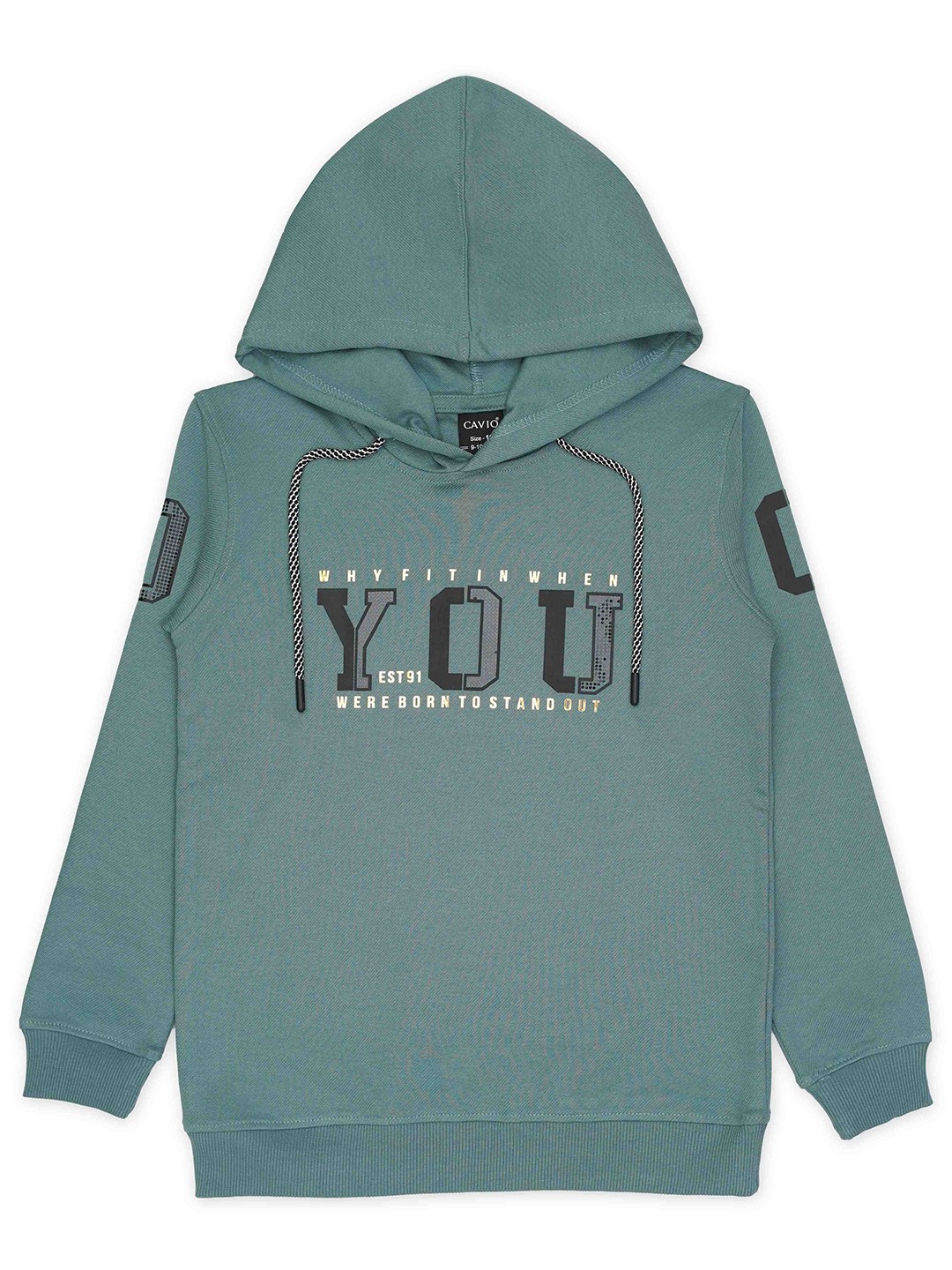 

CAVIO Boys Typographic Printed Hooded Pure Cotton Sweatshirt, Green