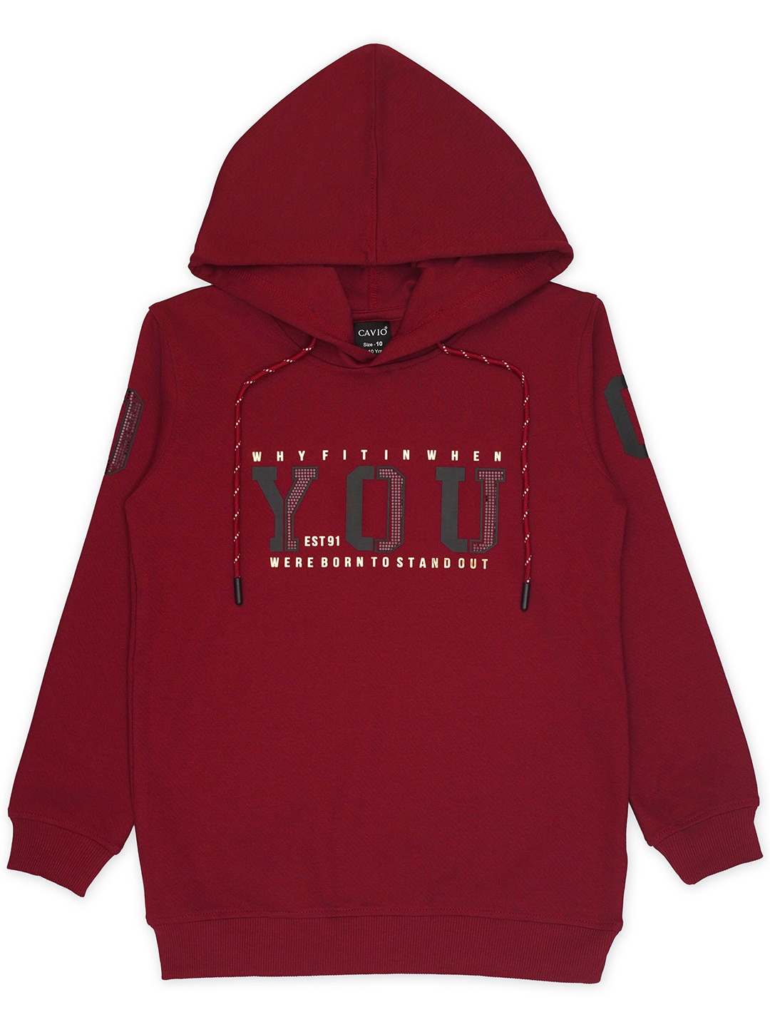 CAVIO Boys Typographic Printed Hooded Pure Cotton Sweatshirt, Maroon