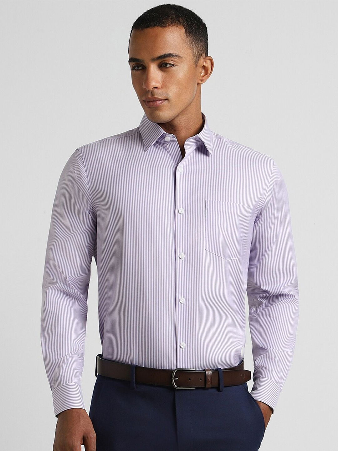

Peter England Elite Vertical Striped Spread Collar Pure Cotton Formal Shirt, Purple