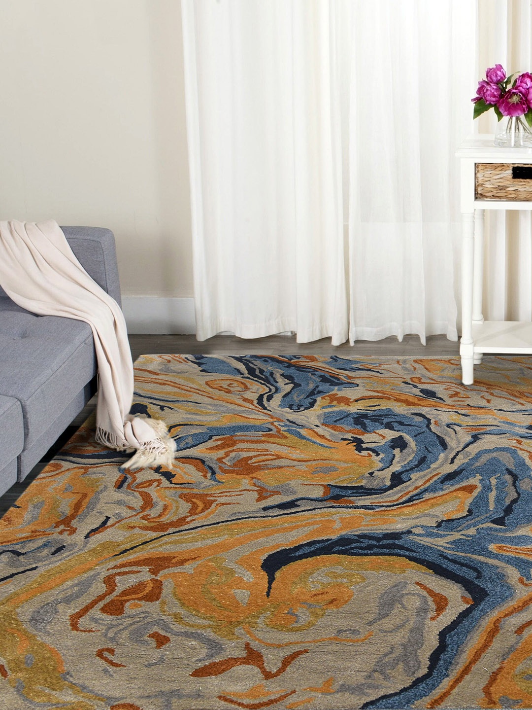 

saraswatii global Orange & Blue Abstract Printed Hand-Tufted Carpet