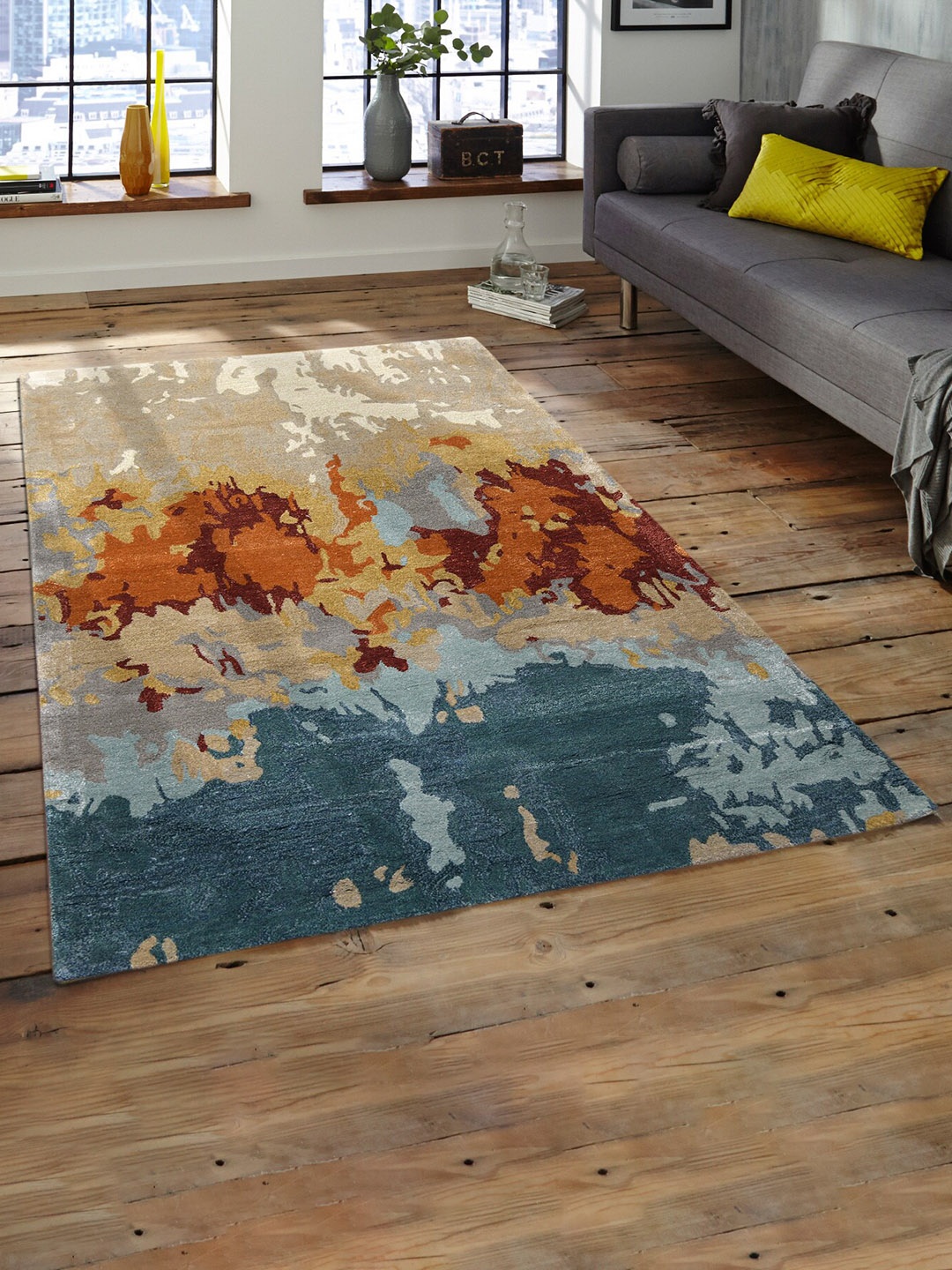 

saraswatii global Emerald Orange & Teal Blue Abstract Printed Hand-Tufted Carpet