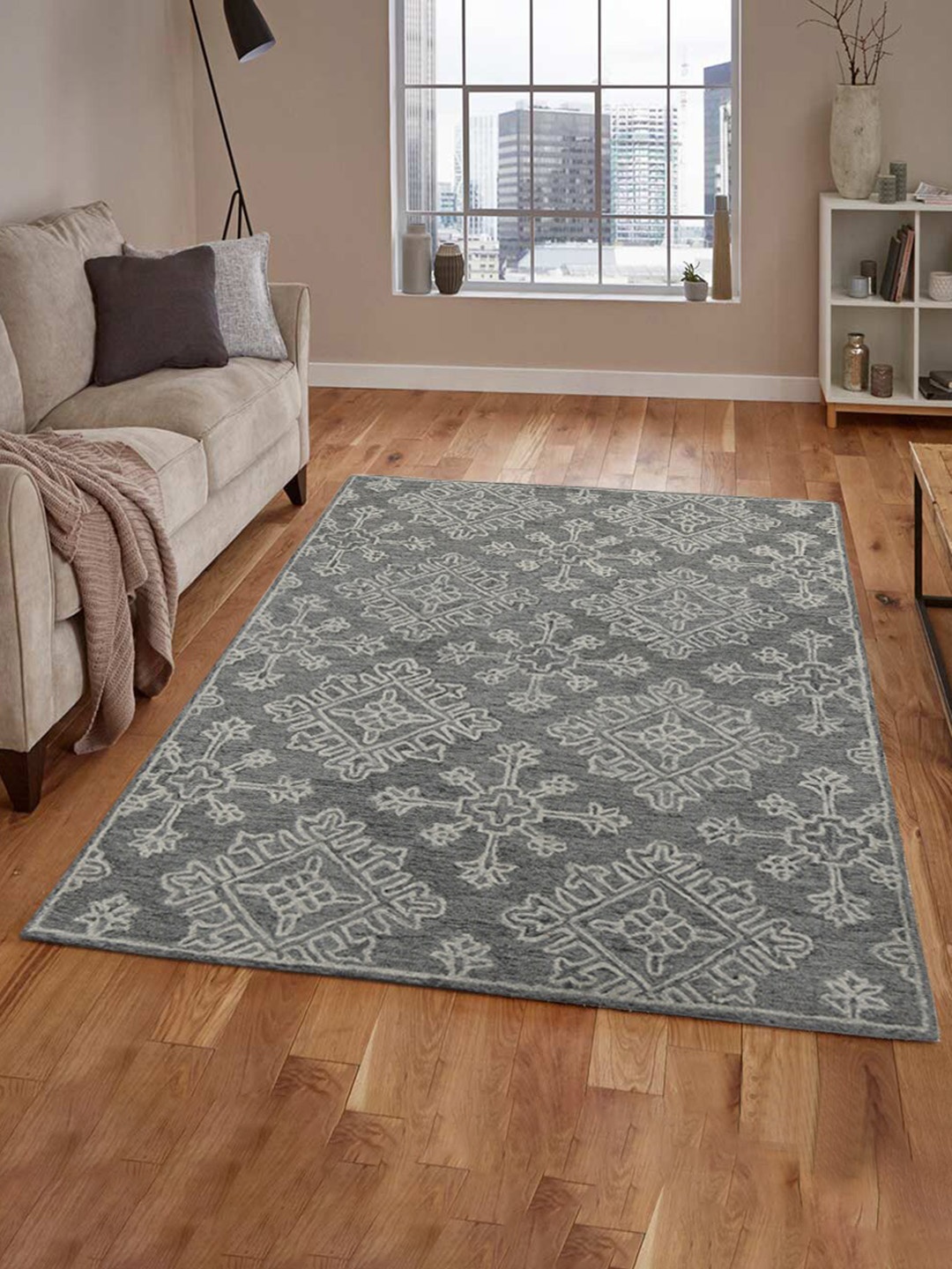 

saraswatii global Grey & White Ethnic Motifs Printed Woolen Rectangle Carpet