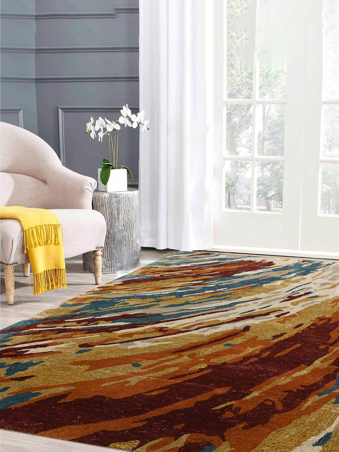 

saraswatii global Orange & Blue Abstract Printed Rectangle Carpet