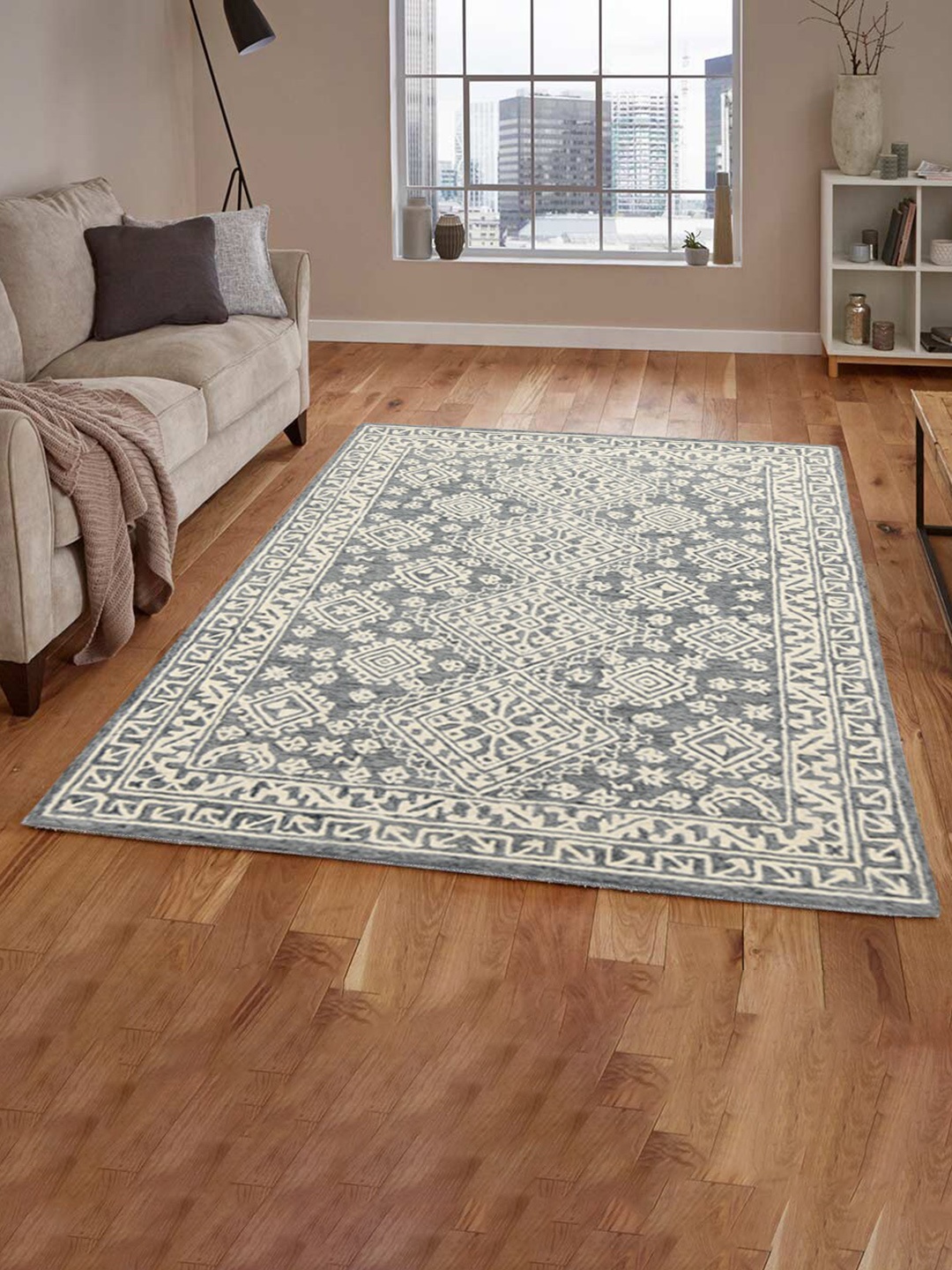 

saraswatii global Grey & Cream Ethnic Motifs Printed Woolen Rectangle Carpet