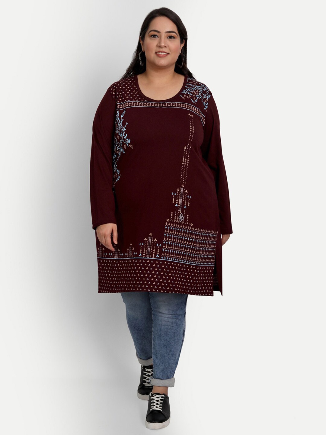 

CUPID Plus Size Full Sleeves Print Cotton Top, Maroon