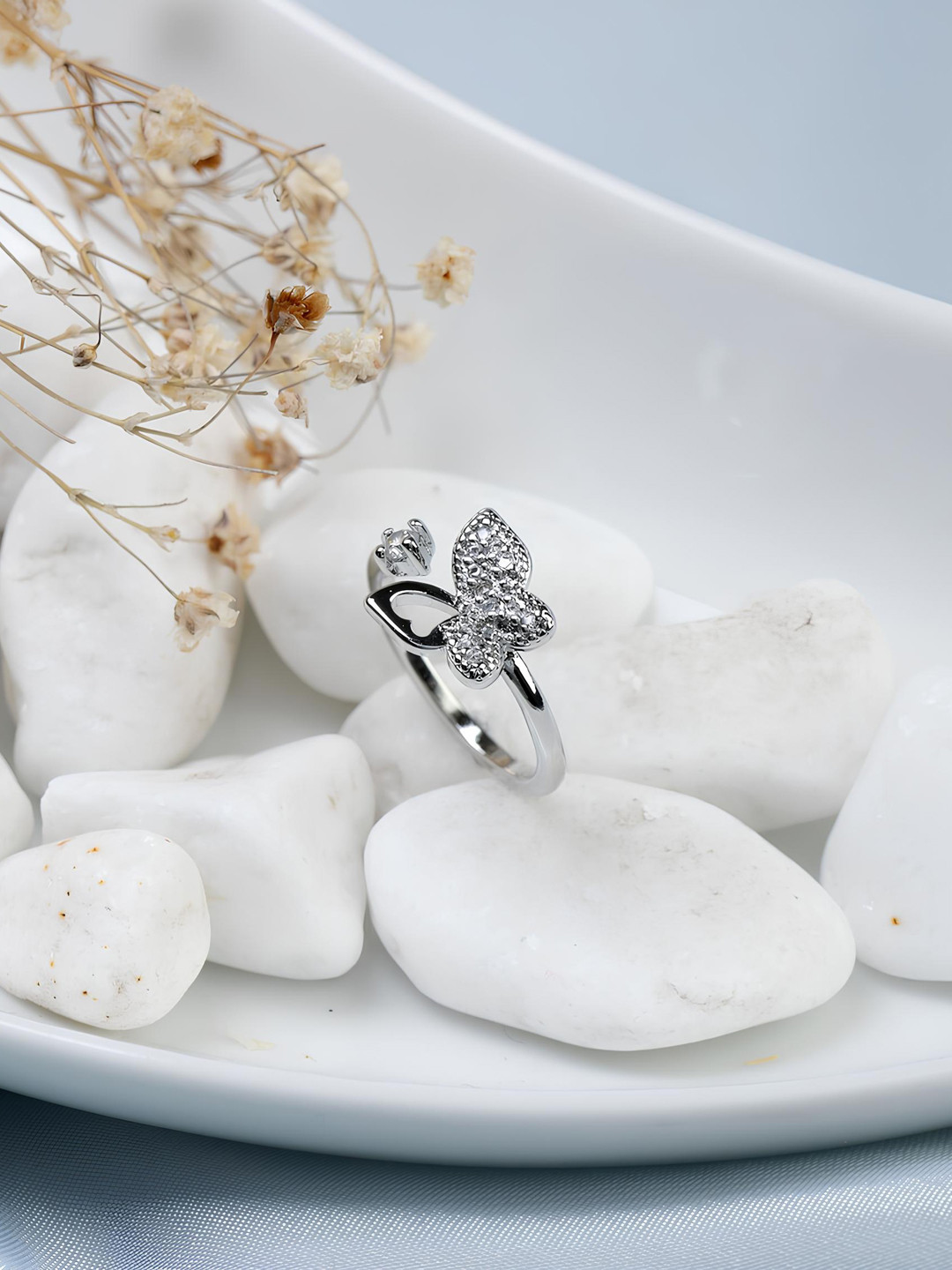 

KARISHMA KREATIONS Set Of 2 Silver-Plated Cubic Zirconia Studded Adjustable Finger Ring