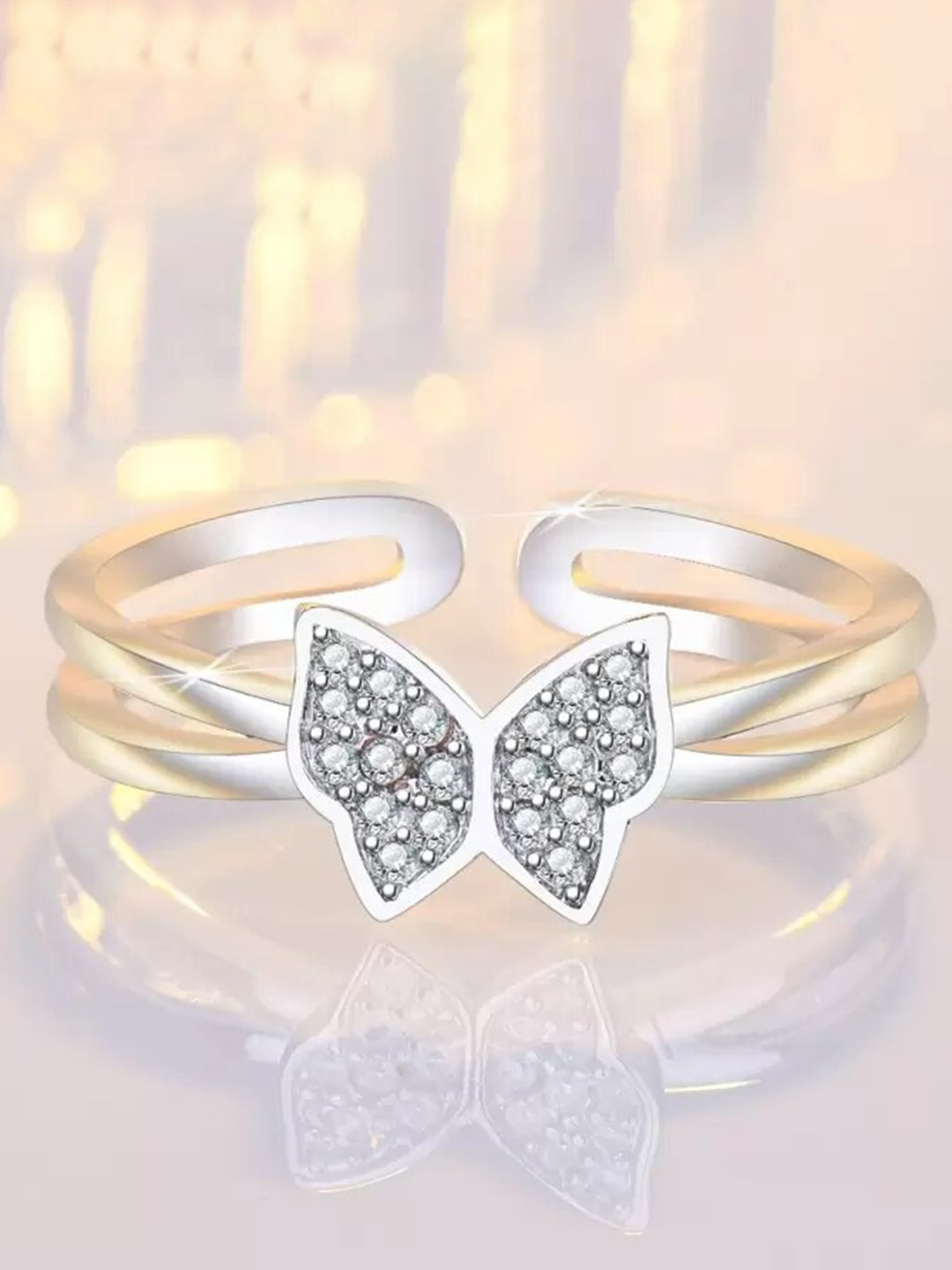 

KARISHMA KREATIONS Set Of 2 Silver-Plated CZ-Studded Adjustable Butterfly Finger Ring